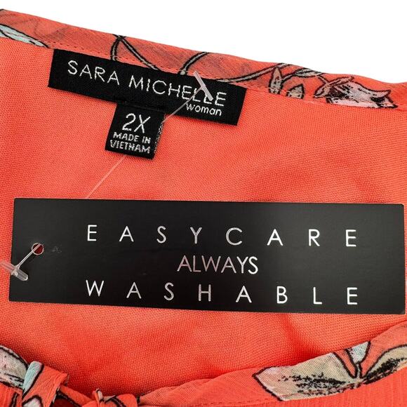 SARA MICHELLE NWT Womens 2X Coral Pink Floral Tie Neck Crepe Tunic Blouse Ruffle - Picture 4 of 7